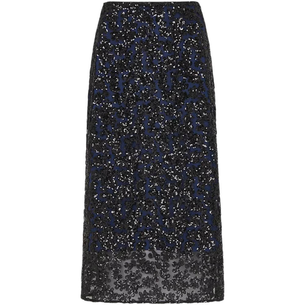 Whistles Black Floral Sequin Midi Skirt